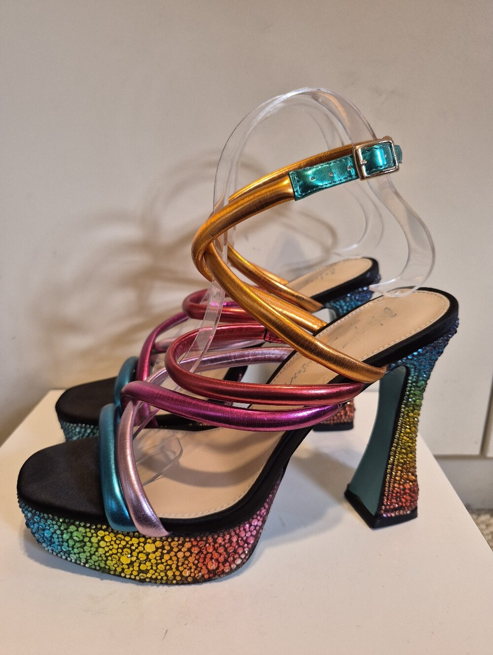 Betsey Johnson "Maeve" Rainbow Rhinestone Platform Strappy Sandals Sz.7.5 $139